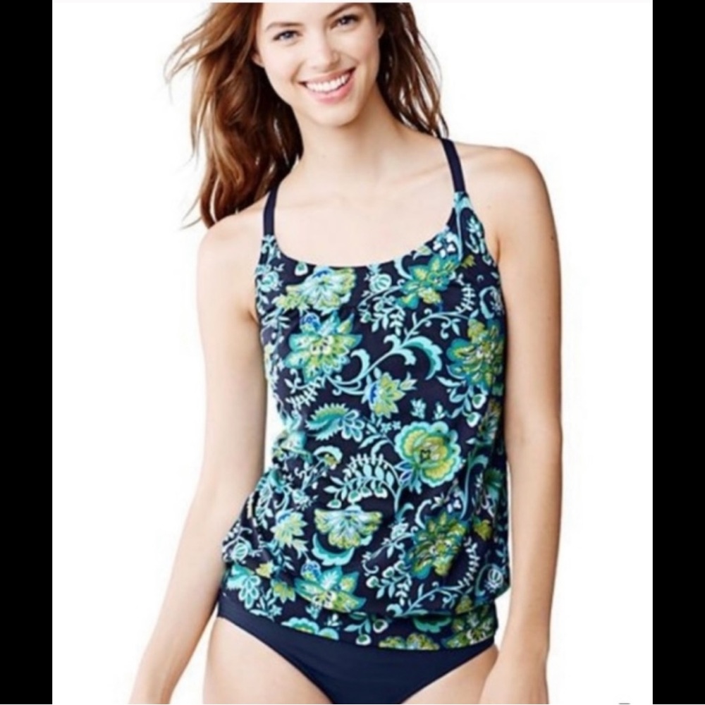 LANDS END Tankini Beach Living Floral Paisley Blue Turquoise Padded Blouson Top